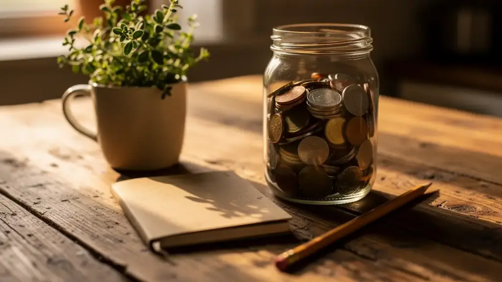 A glass jar of coins beside a notebook and pencil on a kitchen table