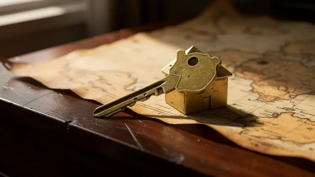 A brass house key lying on an antique parchment map